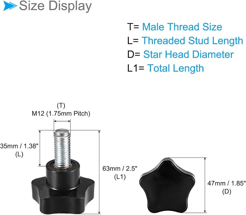 CoCud Star Clamping Knobs, M12 x 35mm Male Thread 47mm Head, Plastic Thumb Screw Grip Hand Knobs Threaded Bolt Black - (Applications: for Lathe Machinery), 2-Pieces - Image 2